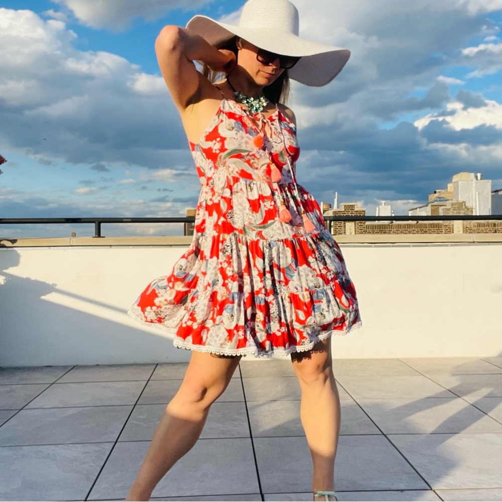 Anthropologie Maaji Floral Flare Full Skater Tunic Tiered Ruffle Dress Tassels